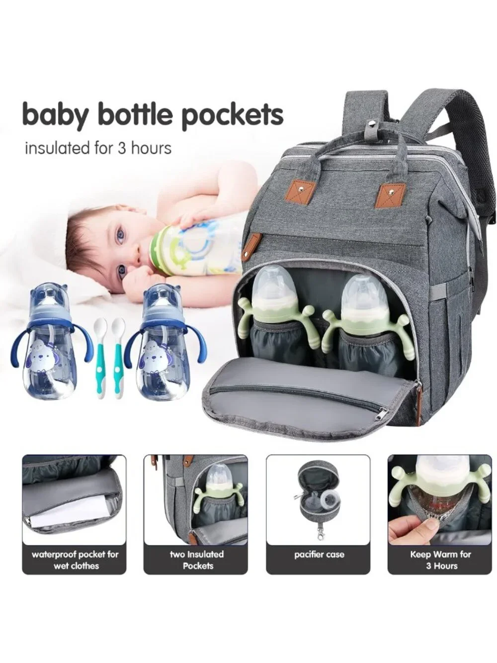 Large Capacity Waterproof Diaper Bag Backpack with Changing Pad & USB Port